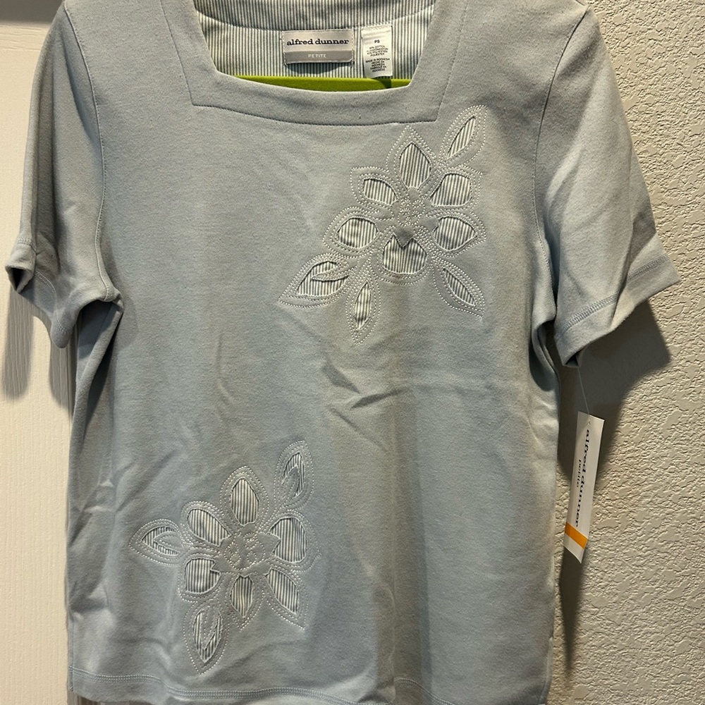 Alfred Dunner Light Blue Blouse with striped embroidered details.